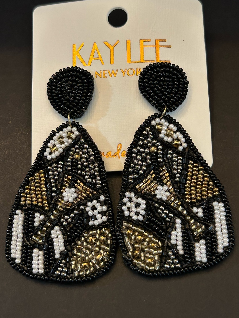 Kay Lee Black, Gold & White Beaded Boho Design Drop Earrings
